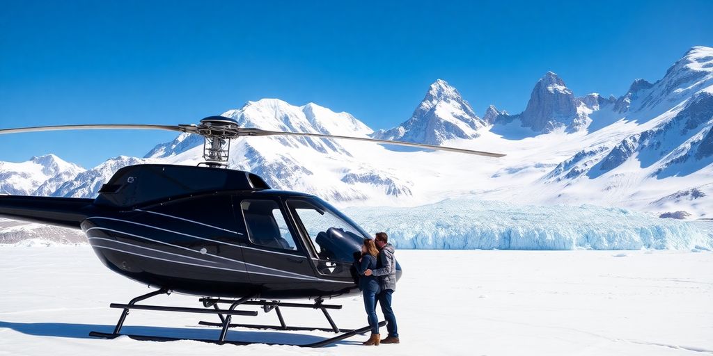 A helicopter landed on a vast Alaskan glacier.