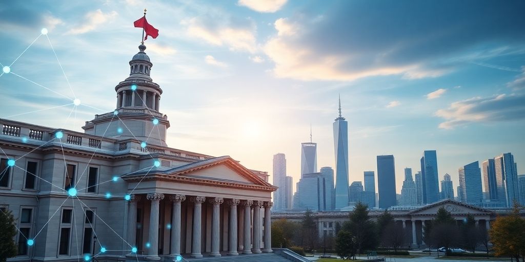 Government building with digital blockchain network overlay.