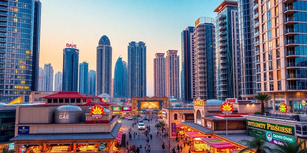 Dubai skyline with skyscrapers and busy investment areas.