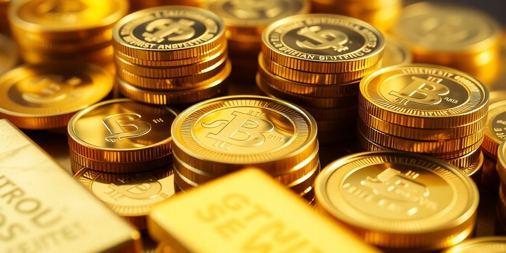 Pièces et lingots d'or en gros plan sur table.