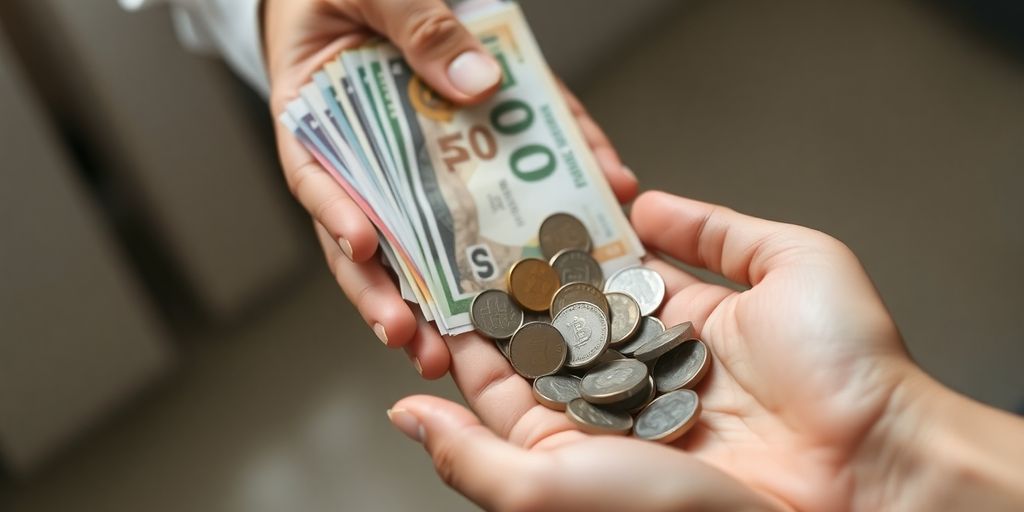 Main tenant des pièces et des billets