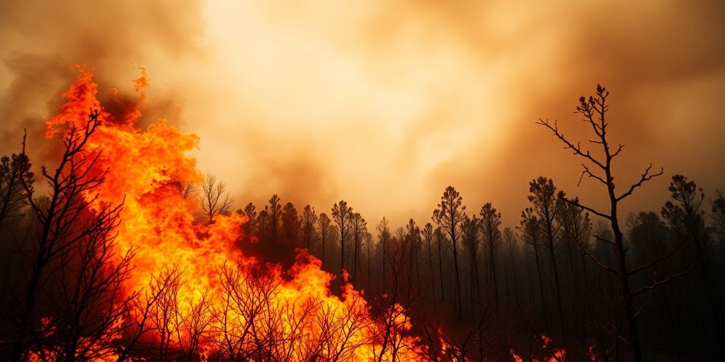 Gros plan sur des flammes vives léchant une forêt sèche sous un ciel orangé.
