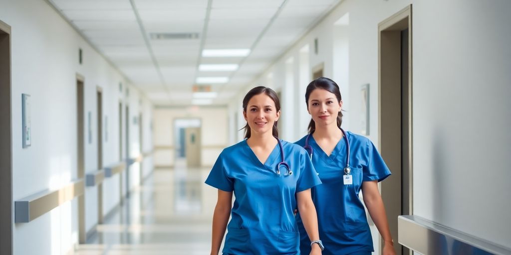Zeitarbeit in der Pflege: Entlastung für Kliniken und Pflegeheime Pflegekräfte in blauer Kleidung in einem Krankenhausflur.
