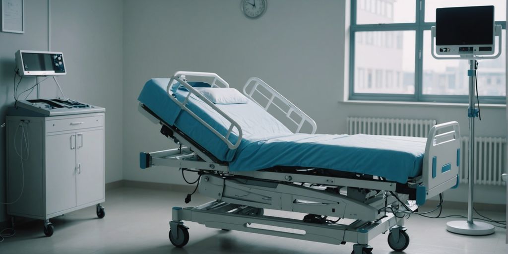 Modern electric hospital bed with adjustable features in a clean, well-lit room, highlighting comfort and functionality.