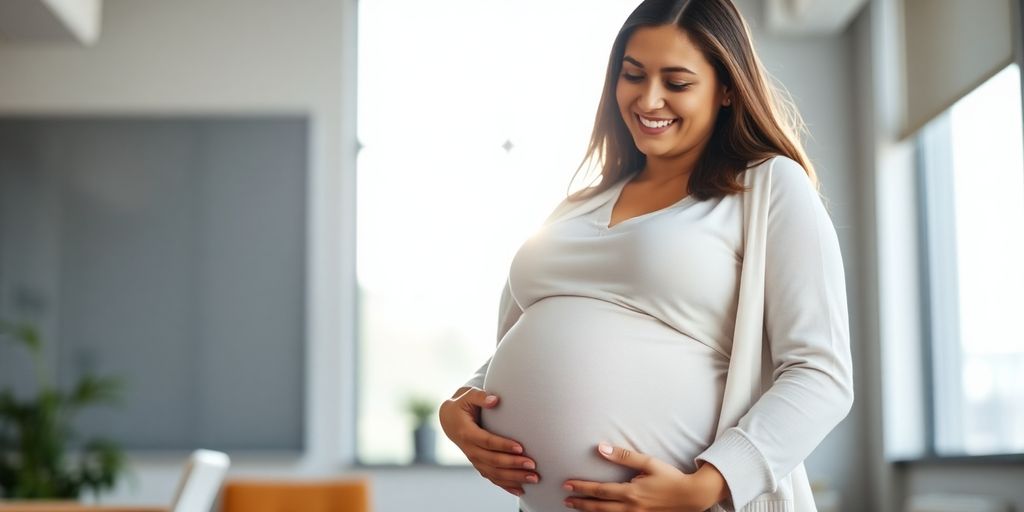 Mulher grávida sorrindo com a mão na barriga.