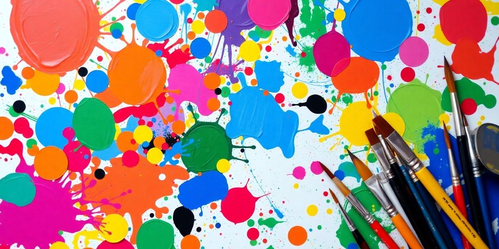 Colorful abstract painting on canvas with paint splashes.