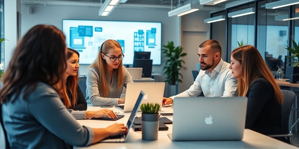 Profissionais de marketing digital em escritório moderno.