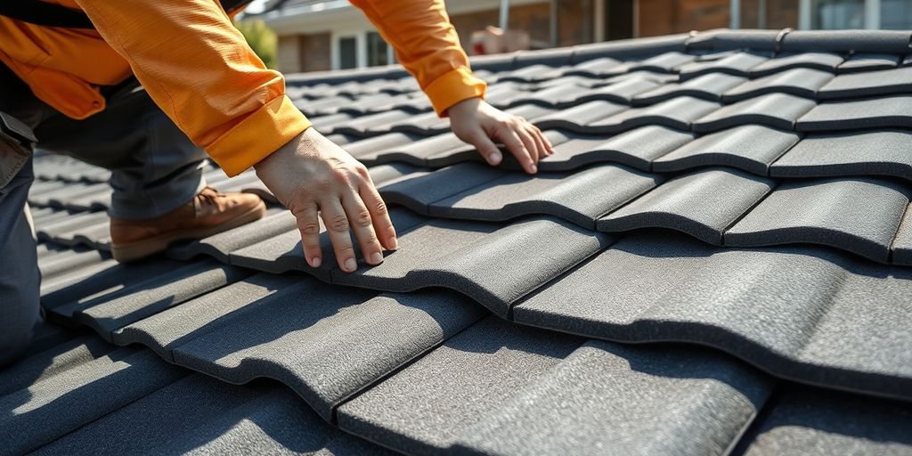 Dakwerker installeert nieuwe dakpannen op een huis, met bouwmaterialen.