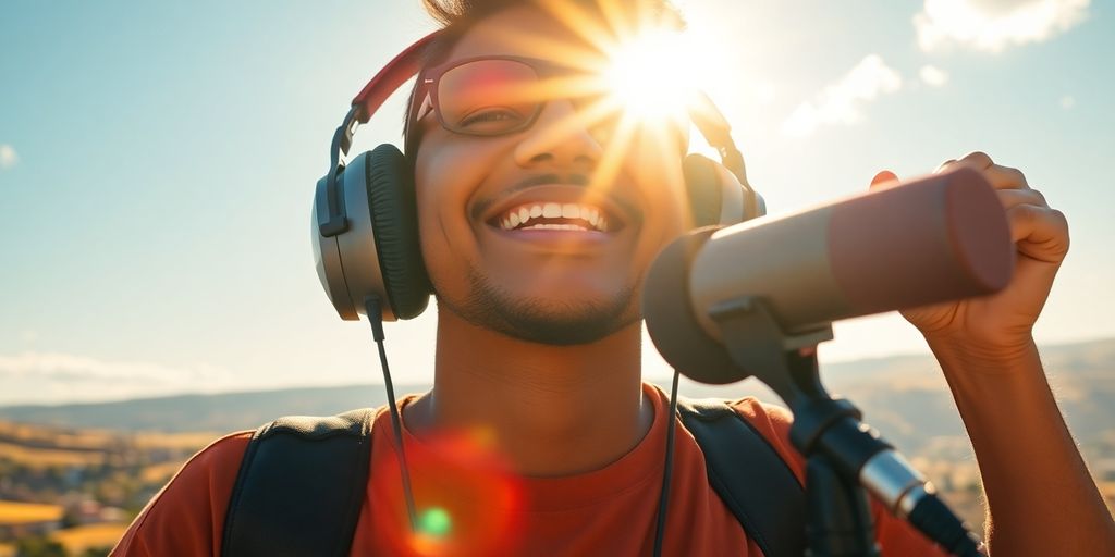 Persona sonriendo con audífonos y micrófono.