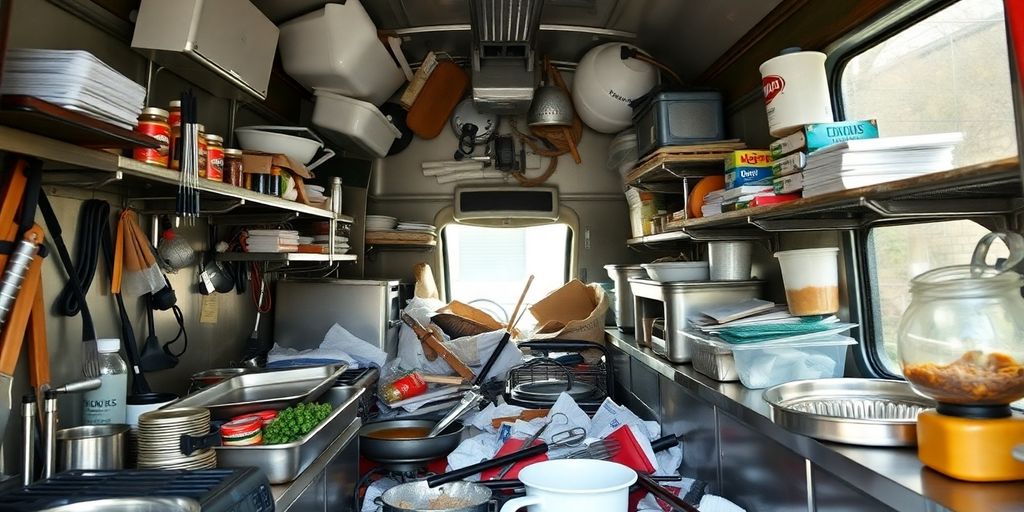 Messy catering van interior with scattered equipment.