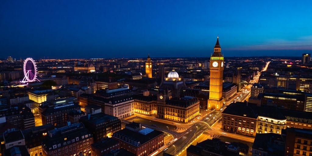 Bustling city skyline, iconic landmarks, full of life.