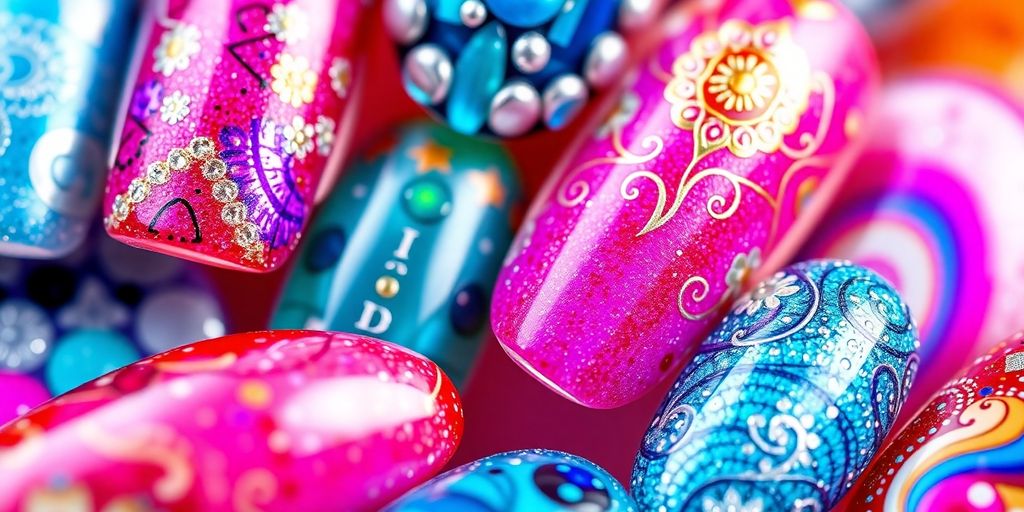 Close-up de arte nas unhas coloridas e texturizadas.