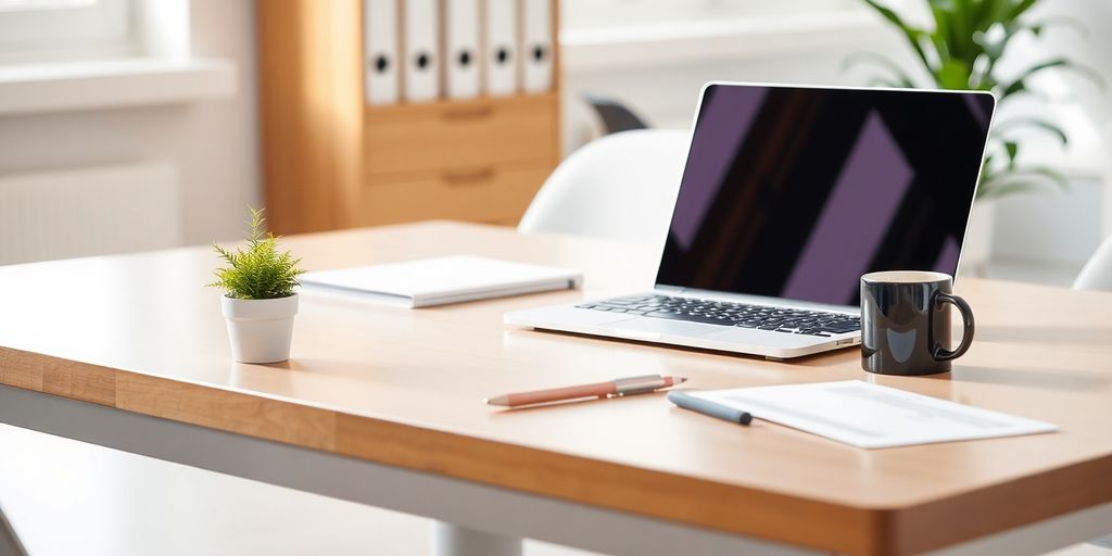 Clean desk with laptop, plant, and coffee.