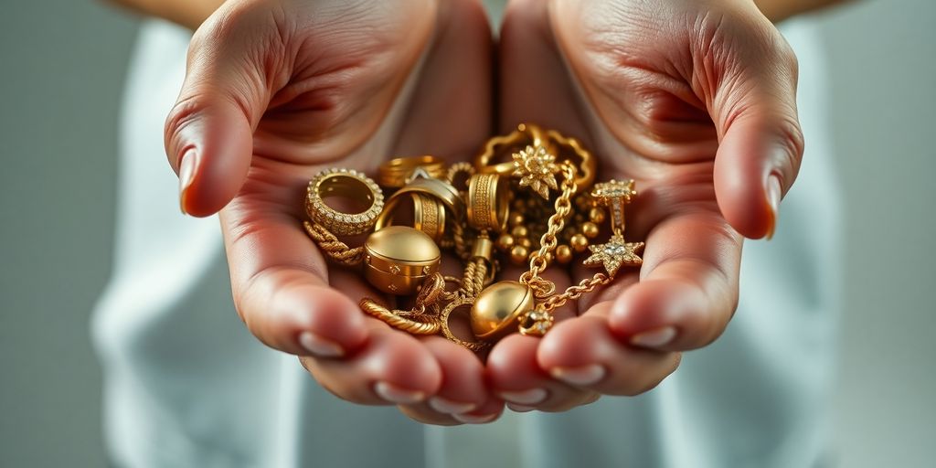 一只手拿着闪亮、自信的金饰。