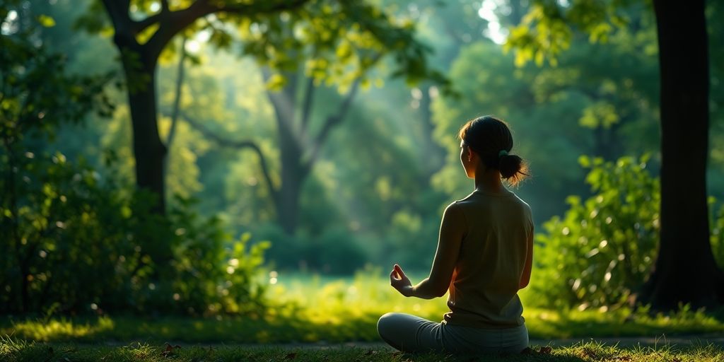 Person meditating in nature, promoting mental well-being.