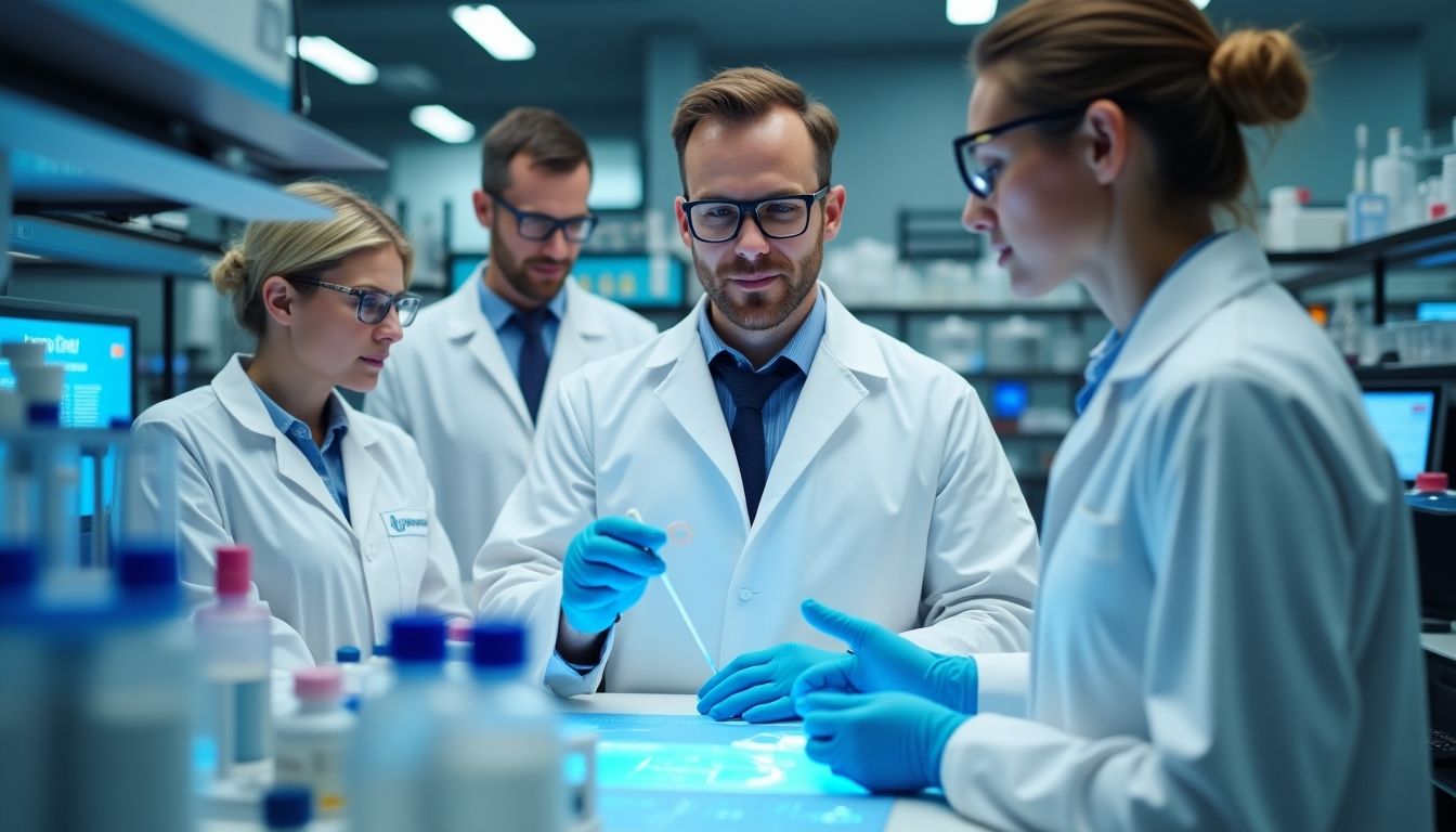 Scientists collaborating in a lab on protein design.
