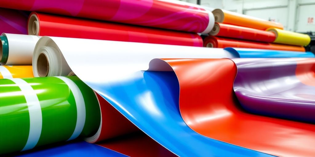 Colorful vinyl banners hanging in a print shop.