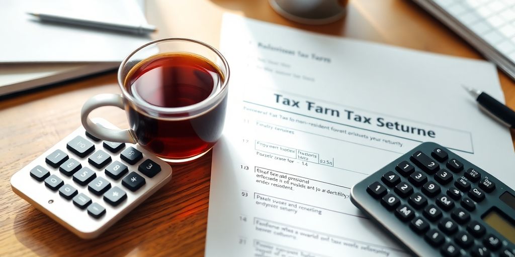 Tax form and calculator on a wooden desk.
