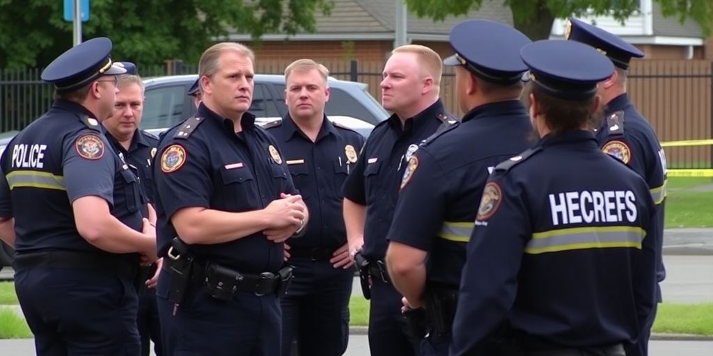 Police officers conferring near a patrol car.