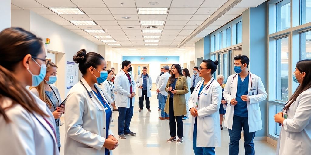 Healthcare professionals and patients interacting in a welcoming environment.