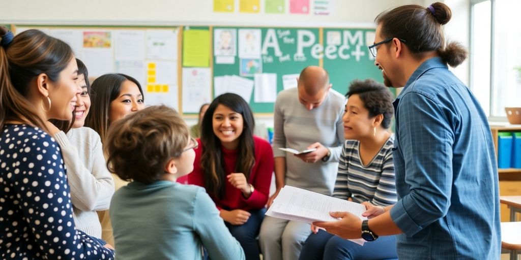 Parents and educators collaborating in a diverse classroom setting.