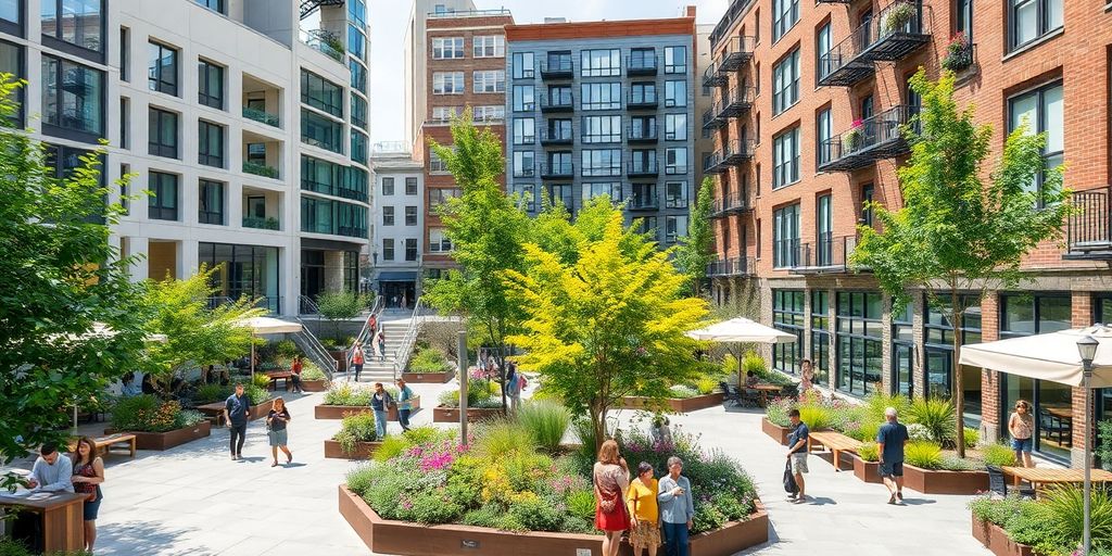 Vibrant urban space with greenery and community engagement.