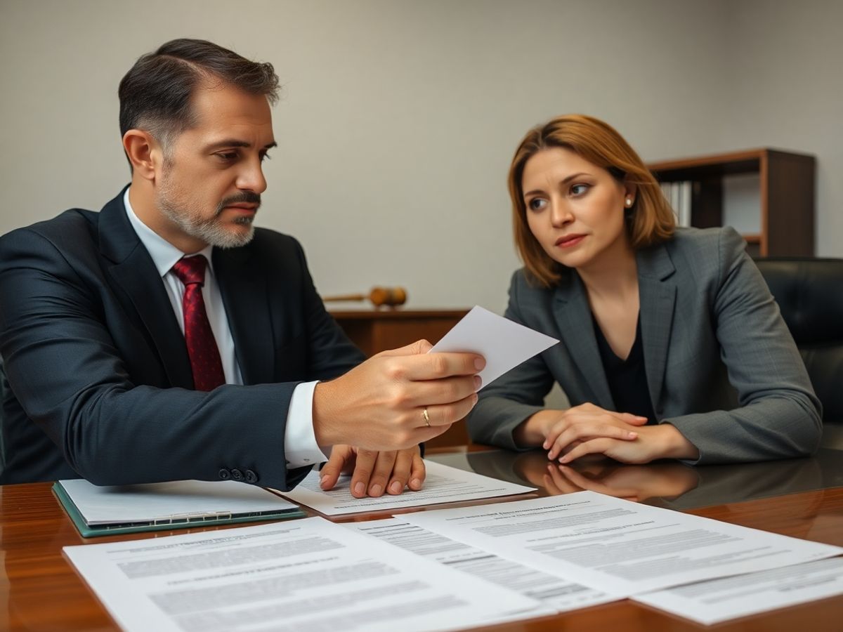 Avocat și client discutând documente la birou.