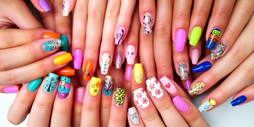 Colorful nail art designs on beautifully manicured hands.