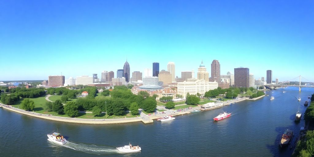 Cincinnati riverfront with skyline and lively waterfront activities.