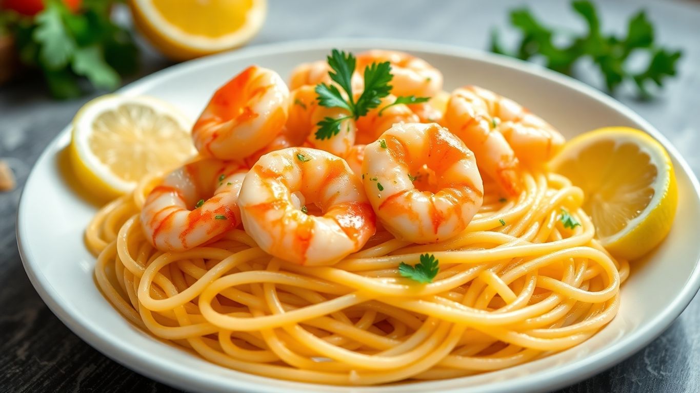 Espaguete com camarão scampi, prato colorido e apetitoso.