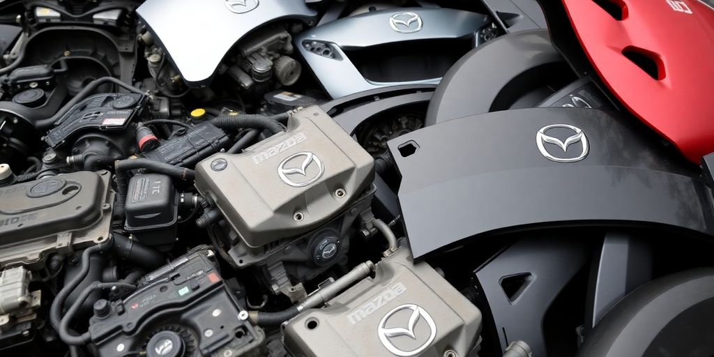 Mazda car parts laid out neatly.