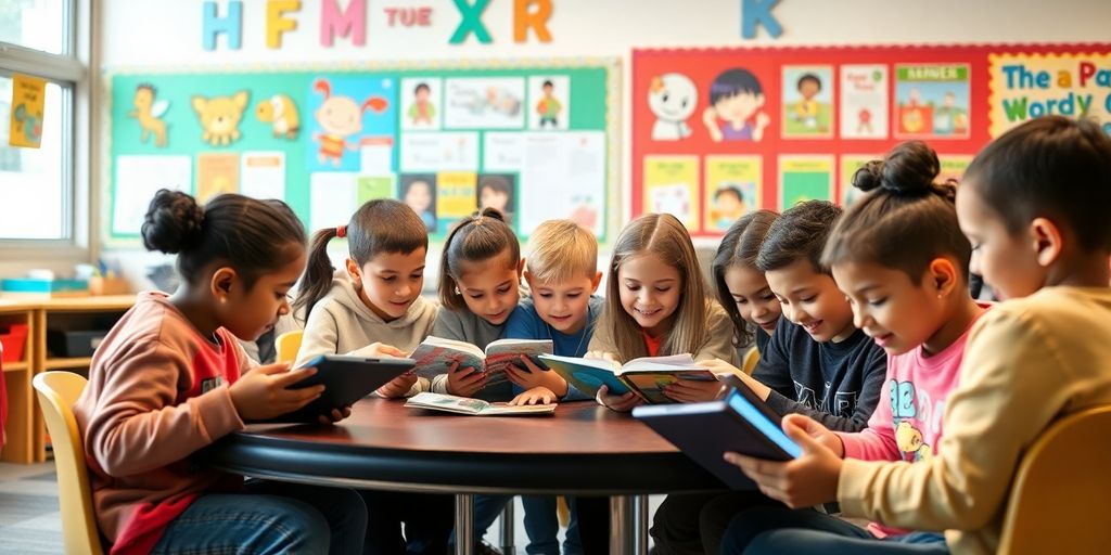 Students using tablets for reading in a colorful classroom.