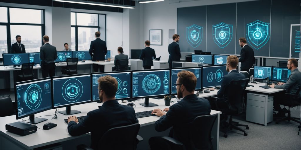 Cybersecurity team in modern office with digital shields