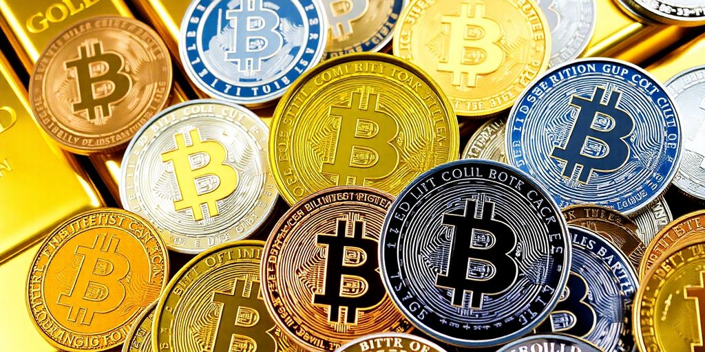 Pièces de cryptomonnaies sur des lingots d'or.