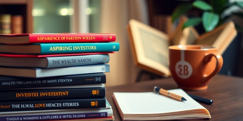Investment books and coffee in a cozy reading nook.