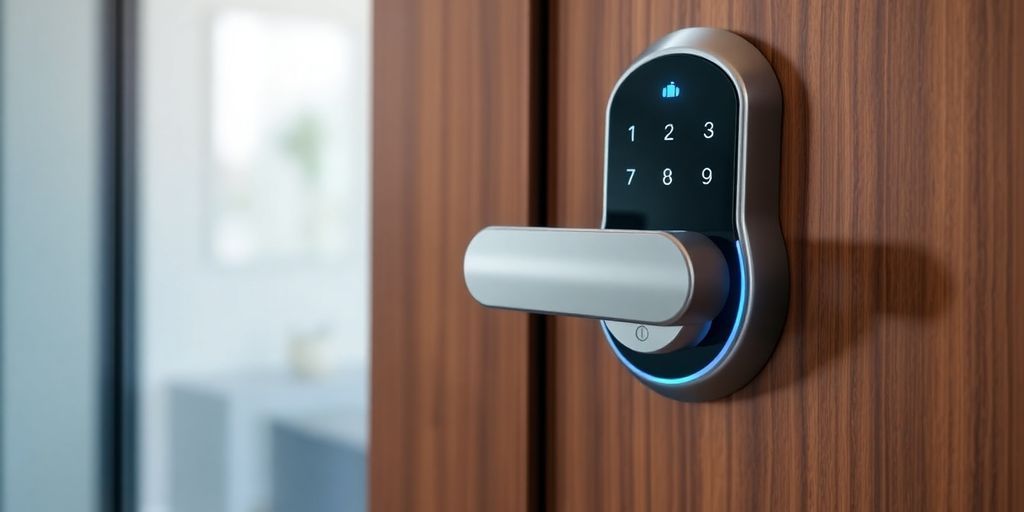 قفل دیجیتال مدرن روی در چوبی زیبا