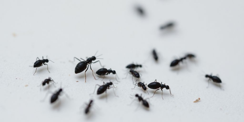 Insecte mici negre pe o suprafață, focalizare detaliată.