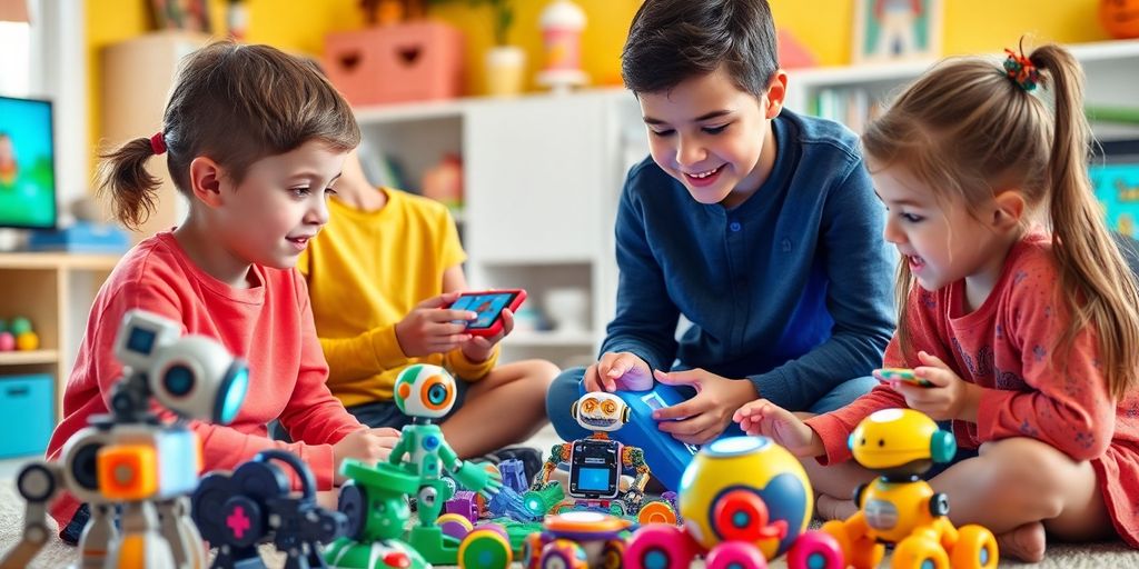 Preteens playing with colorful AI coding toys in a bright room.