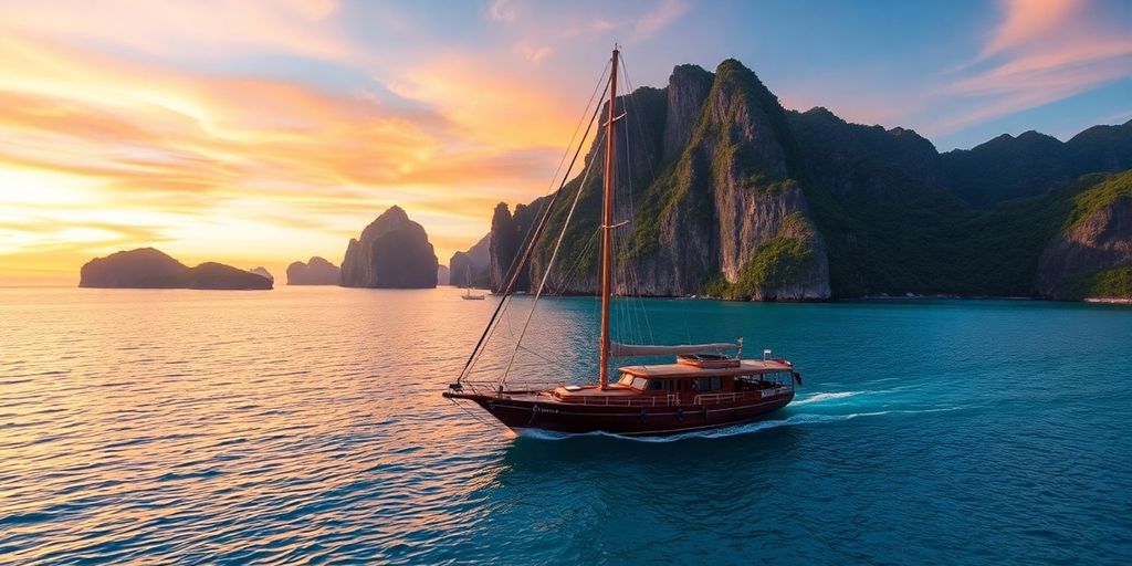 Phinisi yacht sailing in Labuan Bajo at sunset.