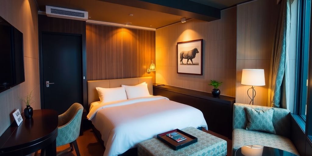 Stylish boutique hotel room in Tokyo with unique decor.