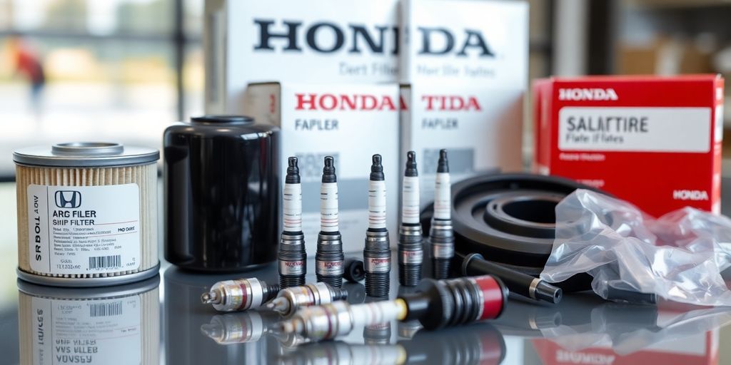 Honda car parts laid out neatly.