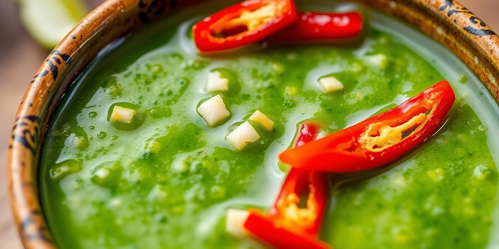 น้ำจิ้มซีฟู้ดสีเขียวสดใสพร้อมพริกและกระเทียม