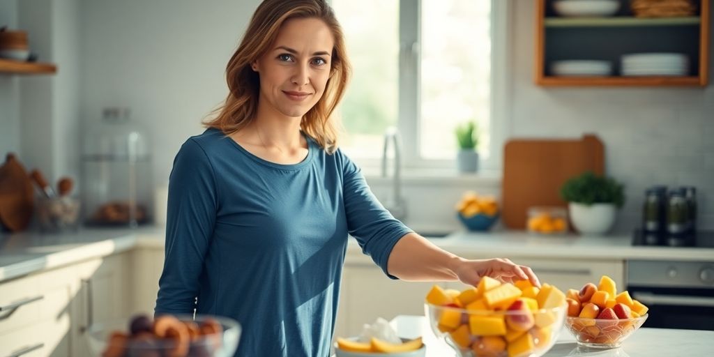 Woman reaching for healthy snack, avoiding sugary treats.