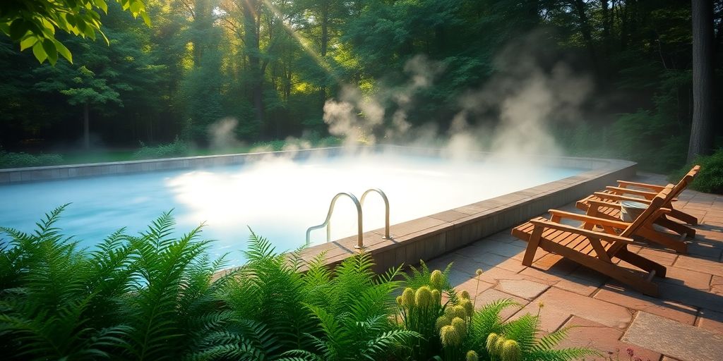 Piscine de spa plein air avec chaises bois et verdure