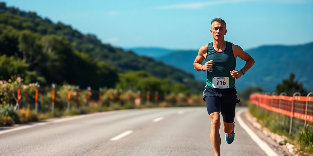 Runner on a marathon route in advanced gear.