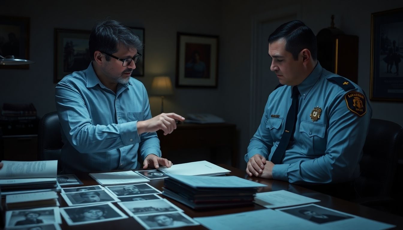 Private investigator and policeman discussing a missing persons case.