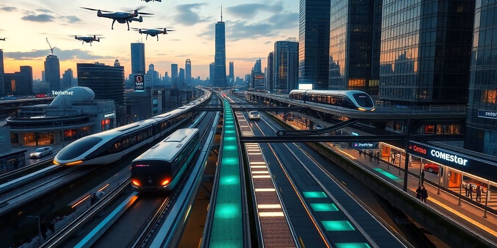 Futuristic city street with integrated transport systems.