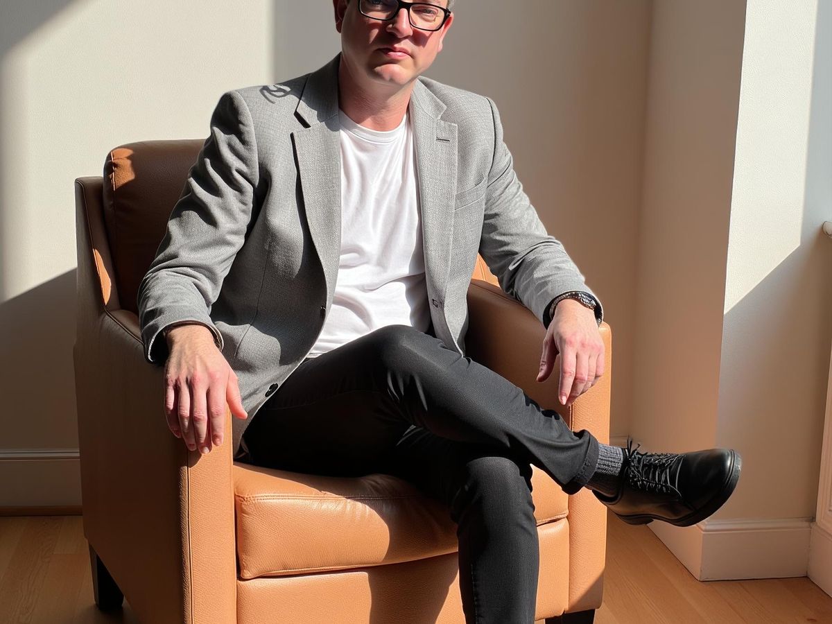 A person seated in a chair, wearing a blazer and glasses.