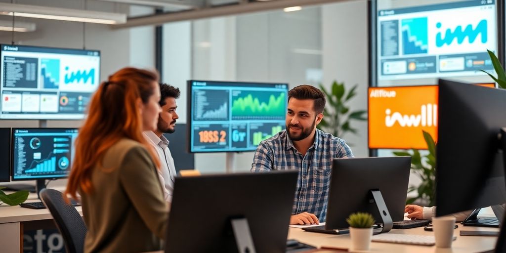 Profissionais de marketing digital em ambiente moderno.