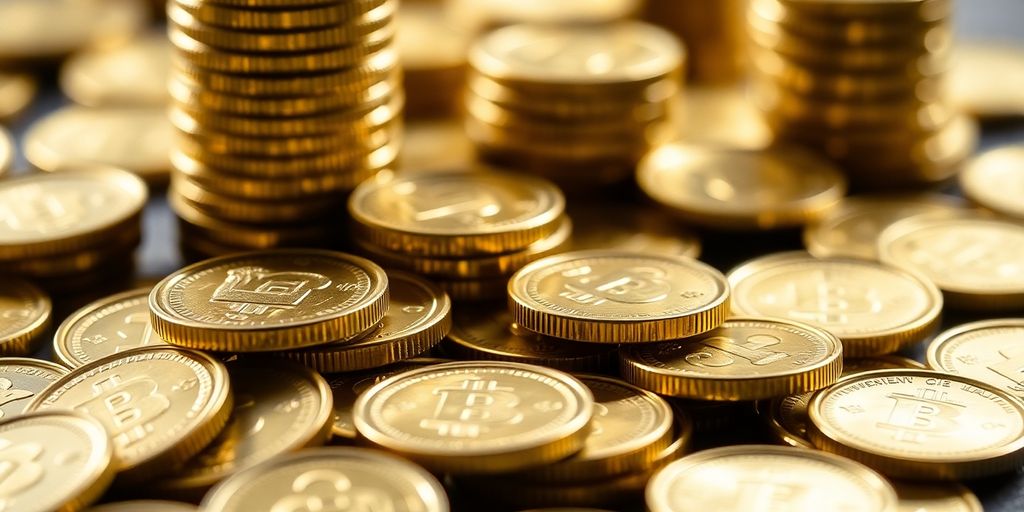 Gros plan de petites pièces d'or brillantes.